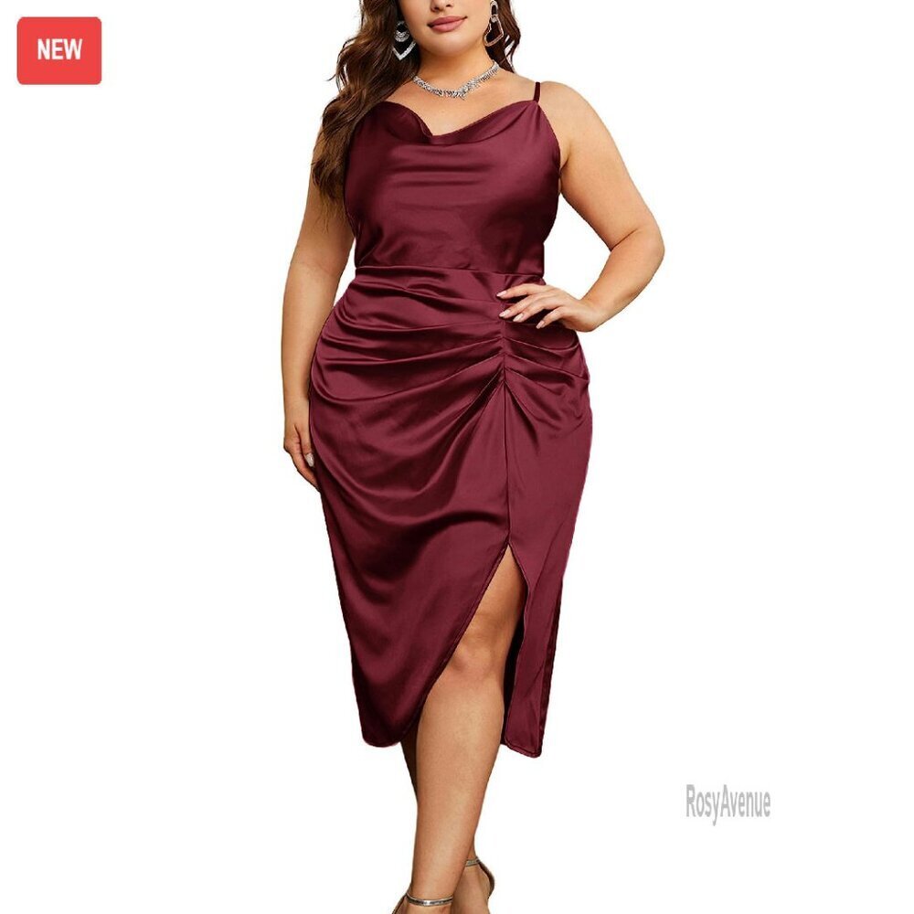 Plus Size Satin Midi Dress Ruched Cowl Neck Spaghetti Strap Formal